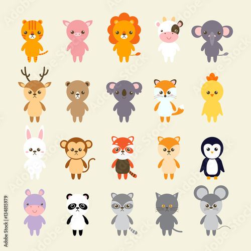 Fototapeta Naklejka Na Ścianę i Meble -  Set of animals cartoon vector illustration. A collection of small lovely and funny animals logo, icons or mascots. Little animals in the children's book character style.