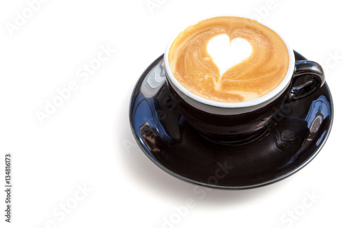 Coffee cup of heart shape latte art on white background isolated