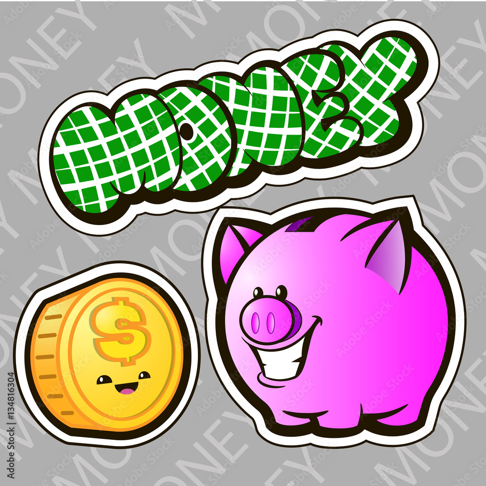 Money set. Set of three icons in the graffiti style. Pig piggy b