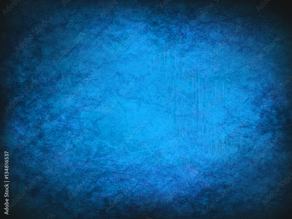 Vintage abstract blue grunge background with bright center spotlight. Modern texture with dark corners