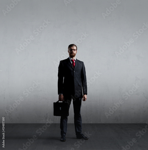 Businessman with a briefcase standing in a studio