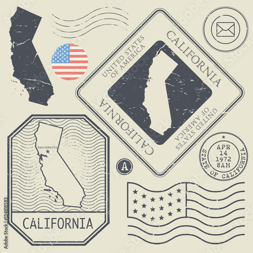 Retro vintage postage stamps set California, United States