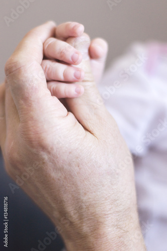 Close up image of baby's hand holding elderly' finger