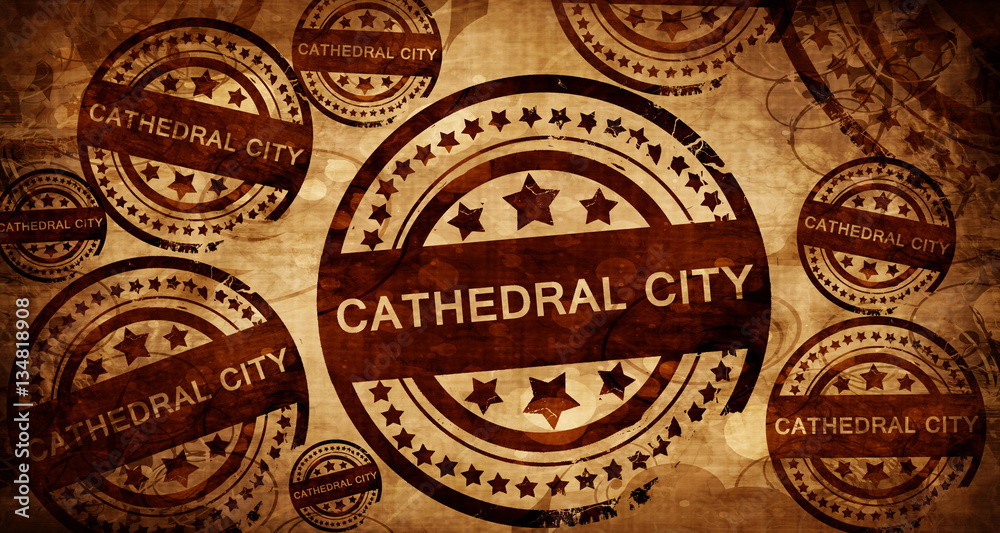 cathedral city, vintage stamp on paper background