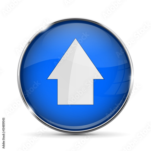 Blue UP button with white arrow. Shiny 3d icon with metal frame