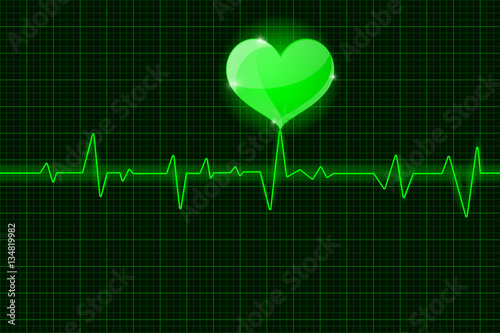 Electrocardiogram. Green waves with heart symbol