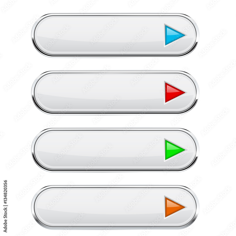 White oval buttons with colored arrows. Menu interface elements with metal frame White oval buttons with colored arrows. Menu interface elements with metal frame