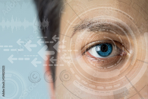 Slika na platnu young man's eye and technology concept, smart contact lens display, Iris verific