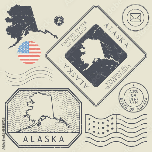 Retro vintage postage stamps set Alaska, United States theme