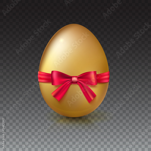 Golden egg, Realistic Ester egg with red ribbon and bow vector illustration. Party invitation template on transparent background.
