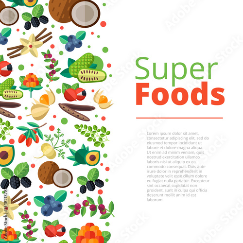 Superfood background with fruits, vegetables, berries, nuts and