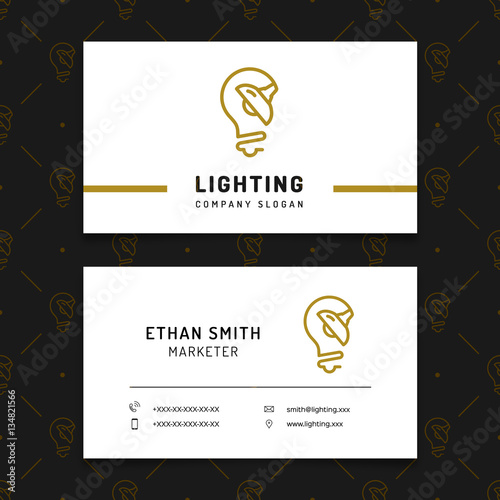 Lighting business card template, lamp shop layout, electricals factory, lamps manufacturing. Brand identity graphics, business concept. Vector isolated icons