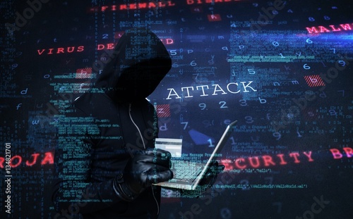 Fototapeta Composite image of hacker holding laptop and credir card