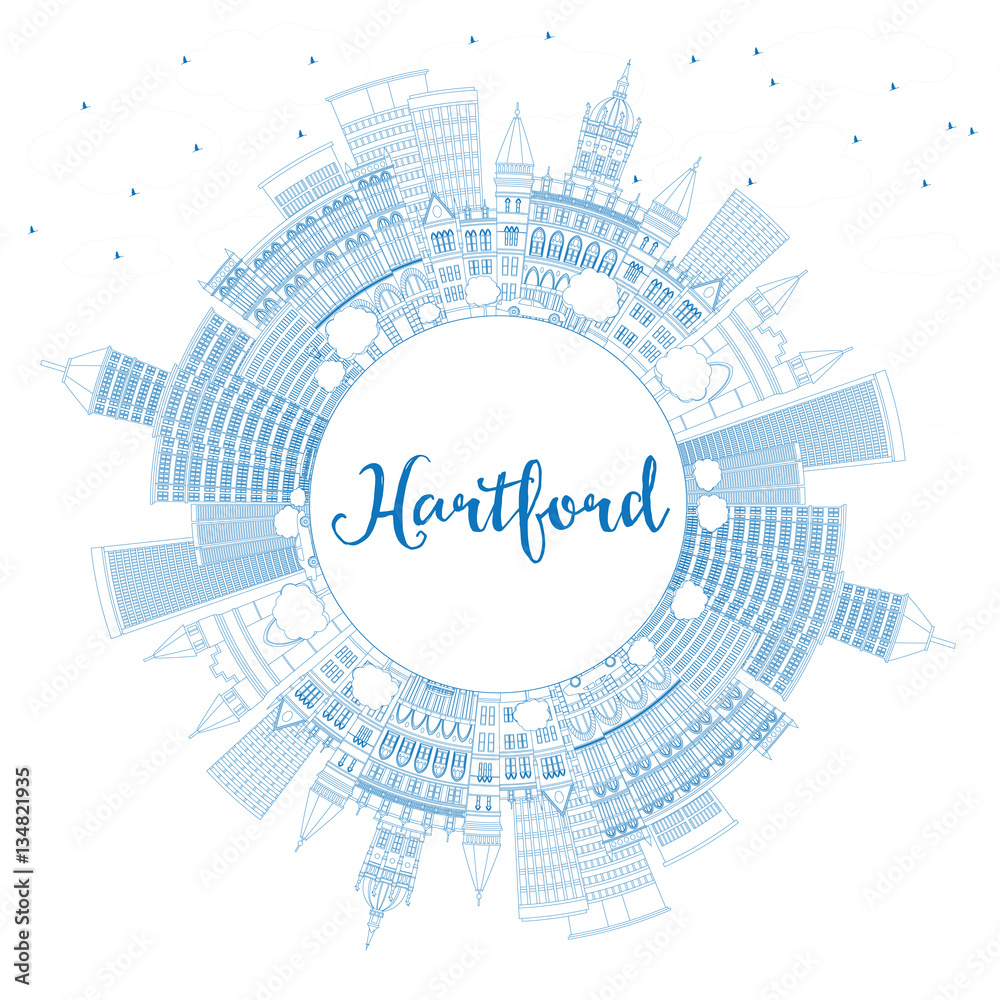 Obraz premium Outline Hartford Skyline with Blue Buildings and Copy Space.
