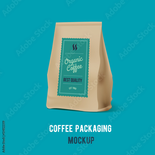 Brown Paper Food Bag Package Of Coffee. Vector mockup Template. Vector packaging design.