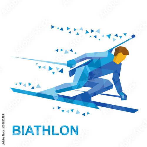 Winter sports - Biathlon. Cartoon biathlete going skiing fast with a rifle behind his back. Flat style vector clip art isolated on white background