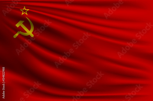 The national flag of the USSR. The symbol of the state on wavy silk fabric. Realistic vector illustration.
