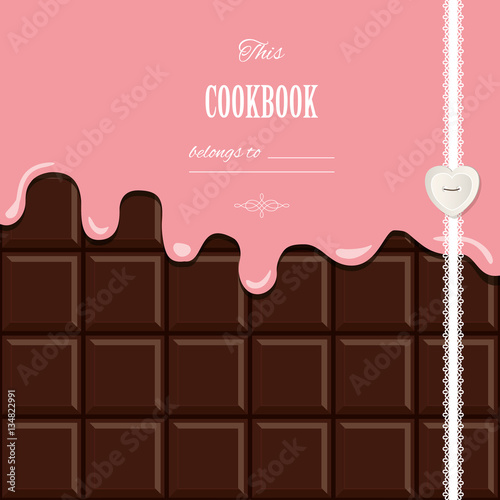 Pink cream melted on chocolate bar background. Cute design with sample text.