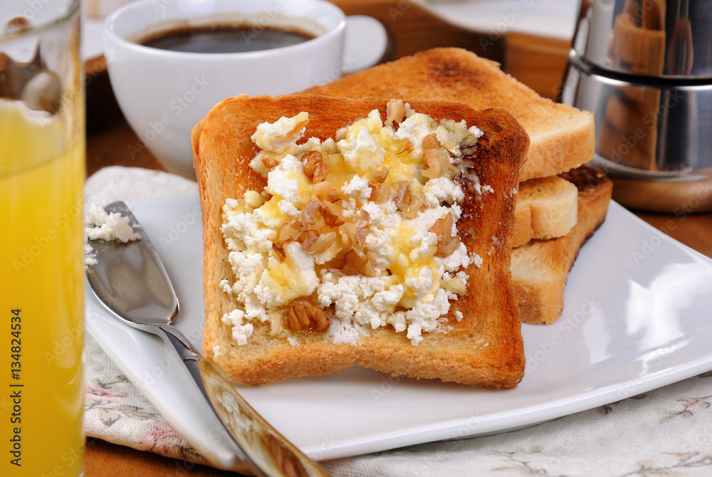 Toast with ricotta at breakfast