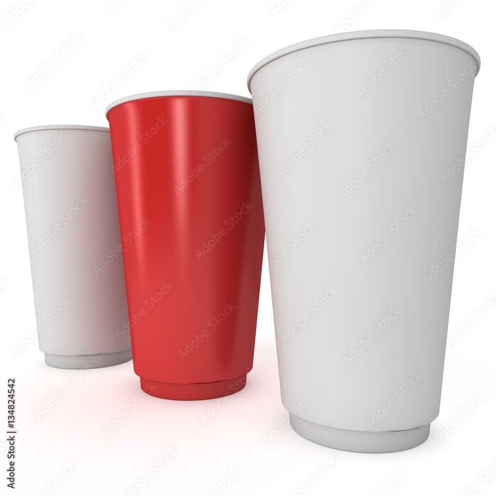 Disposable drink cups. Red paper mug. 3d render isolated on white background Disposable drink cups. Red paper mug. 3d render isolated on white background