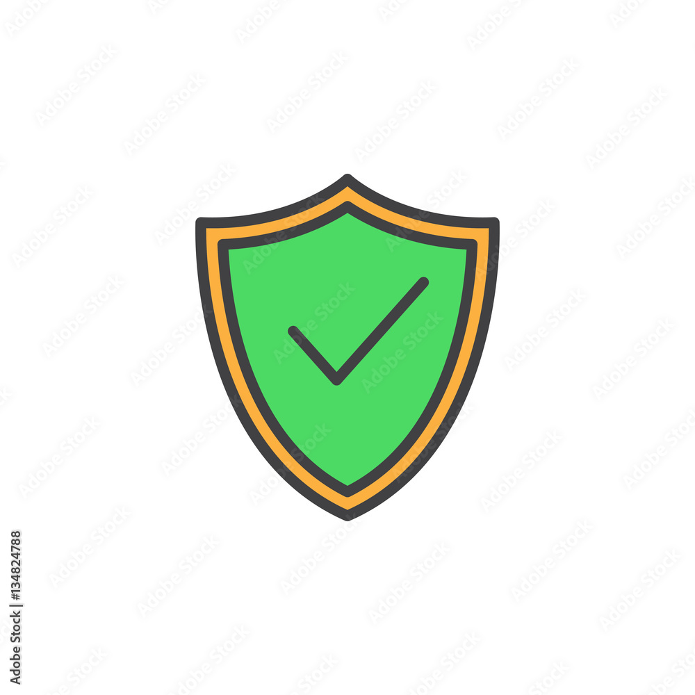 Shield with check mark line icon, filled outline vector sign, linear colorful pictogram isolated on white. Protection symbol, logo illustration Shield with check mark line icon, filled outline vector sign, linear colorful pictogram isolated on white. Protection symbol, logo illustration