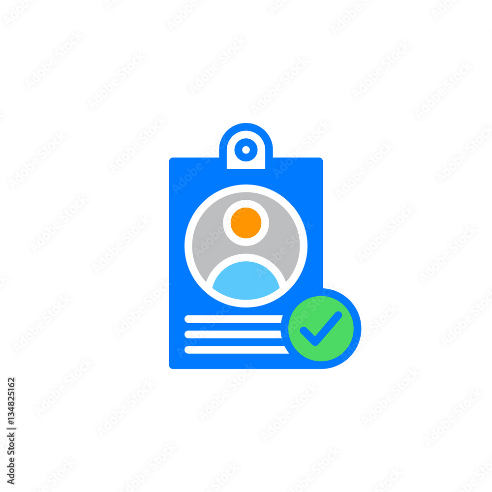 Personal badge with check mark icon vector, filled flat sign, solid colorful pictogram isolated on white. User id verified symbol, logo illustration Personal badge with check mark icon vector, filled flat sign, solid colorful pictogram isolated on white. User id verified symbol, logo illustration