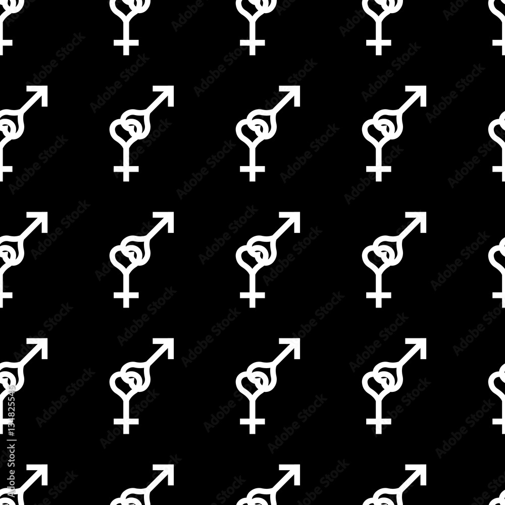 Seamless pattern. Female and male romantic collection. Female and male small white heart signs same sizes. Pattern on black background. Vector illustration Seamless pattern. Female and male romantic collection. Female and male small white heart signs same sizes. Pattern on black background. Vector illustration