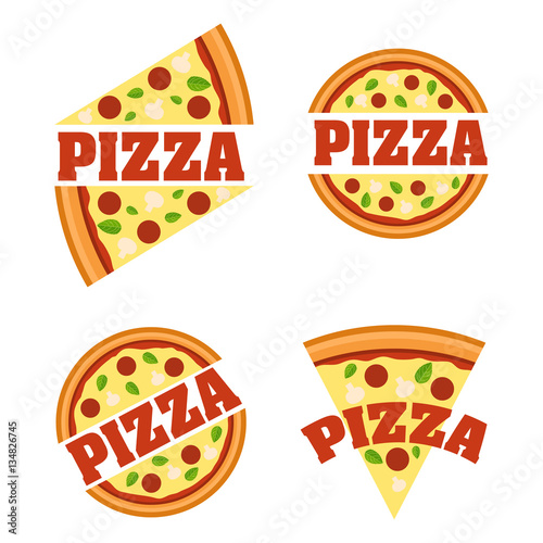 Vector Flat with pieces of pizza and the text.Element of design of a logo, sign, banner, leaflet, booklet, banner of the website of the delivery service.