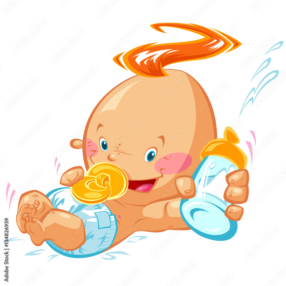 Cartoon happy smiling baby boy holding milk bottle and dummy Stock ...