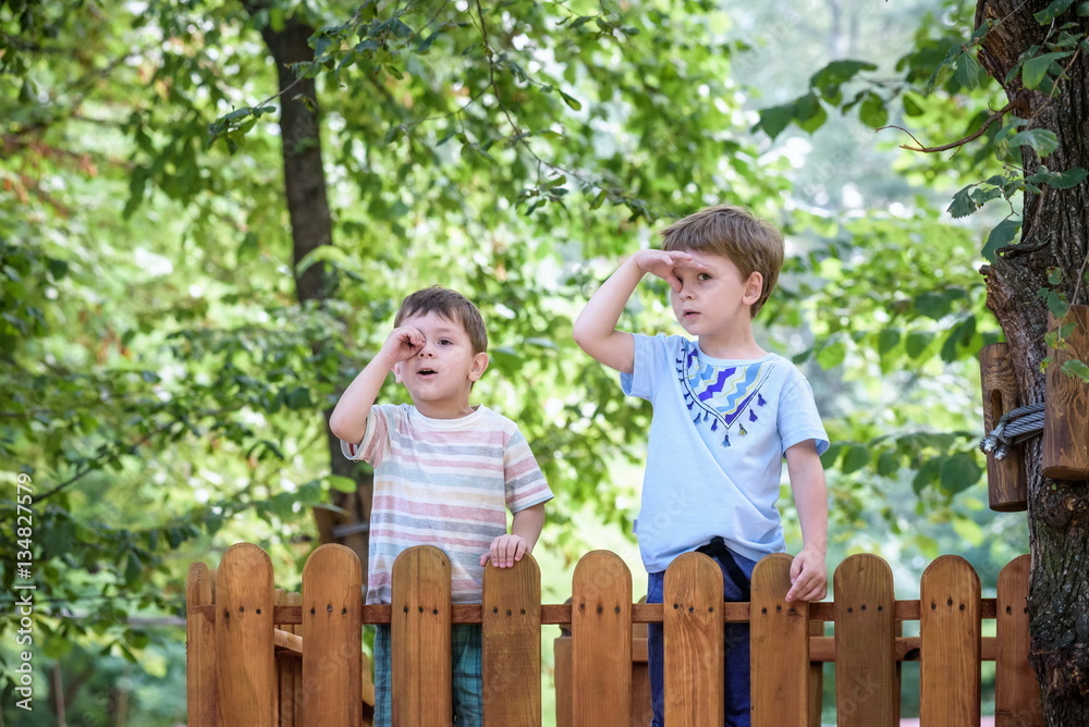 Fototapeta premium Two little brothers playing together standing on wooden playground in the summer park. Kid showing something interesting to his brother. Young boy looking through imaginary tube