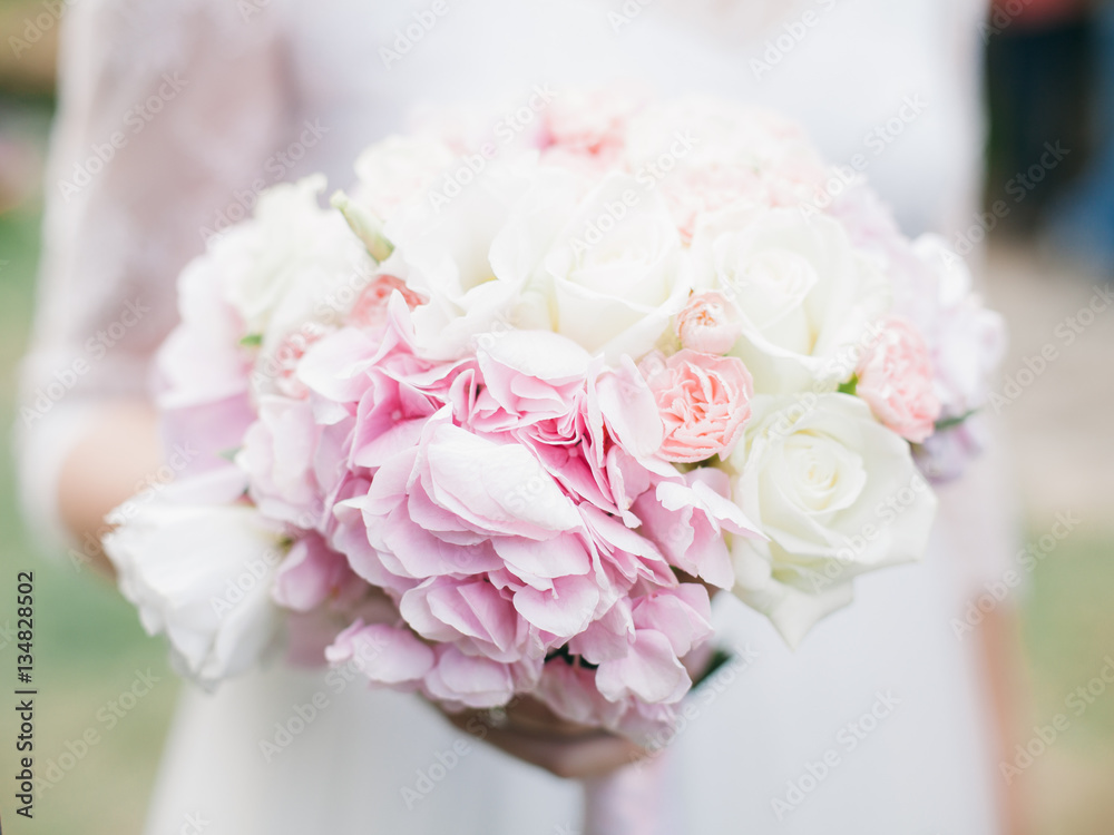 wedding bouquet with white roses and hydrangea