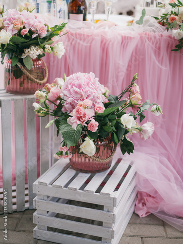 floristics composite on wooden box, pink