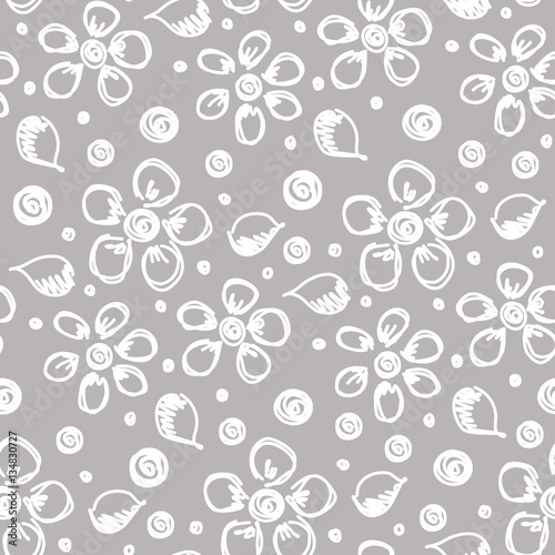 Seamless vector hand drawn floral pattern. background with flowers, leaves. Decorative cute graphic line drawing illustration. Print for wrapping, background, fabric, decor, textile, surface