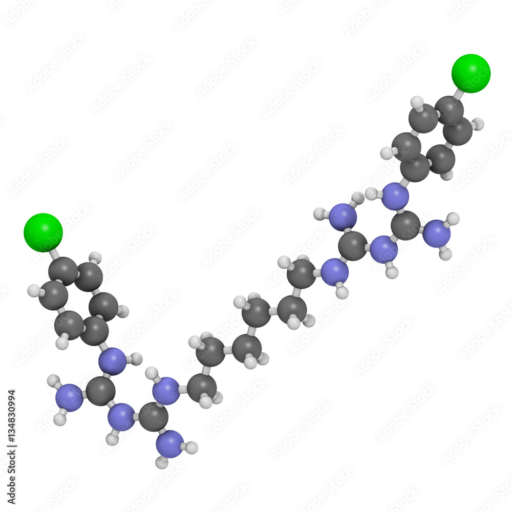 Chlorhexidine antiseptic molecule, 3D rendering. Chlorhexidine antiseptic molecule, 3D rendering.