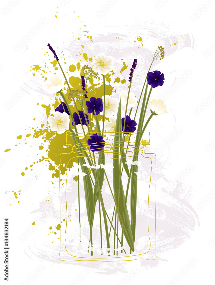 Naklejka Kwiaty w akwarela, vintage kartkę z życzeniami na ślub, urodziny ... Słodkie wiosna lub lato clipart, romantyczny tło na Walentynki. Ręcznie rysowane ilustracji wektorowych.