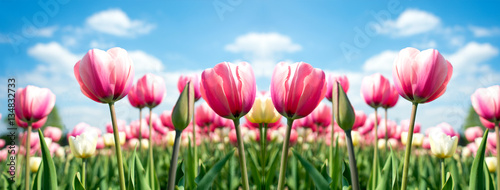 Group of pink tulips in the park agains clouds. Spring blurred background postcard #134832733
