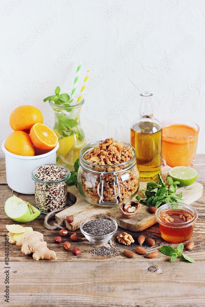 Granola and various superfoods products for healthy eating concept.. Detox program ingredients.Selective focus Granola and various superfoods products for healthy eating concept.. Detox program ingredients.Selective focus