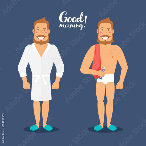 Dad after morning procedures in robe and without