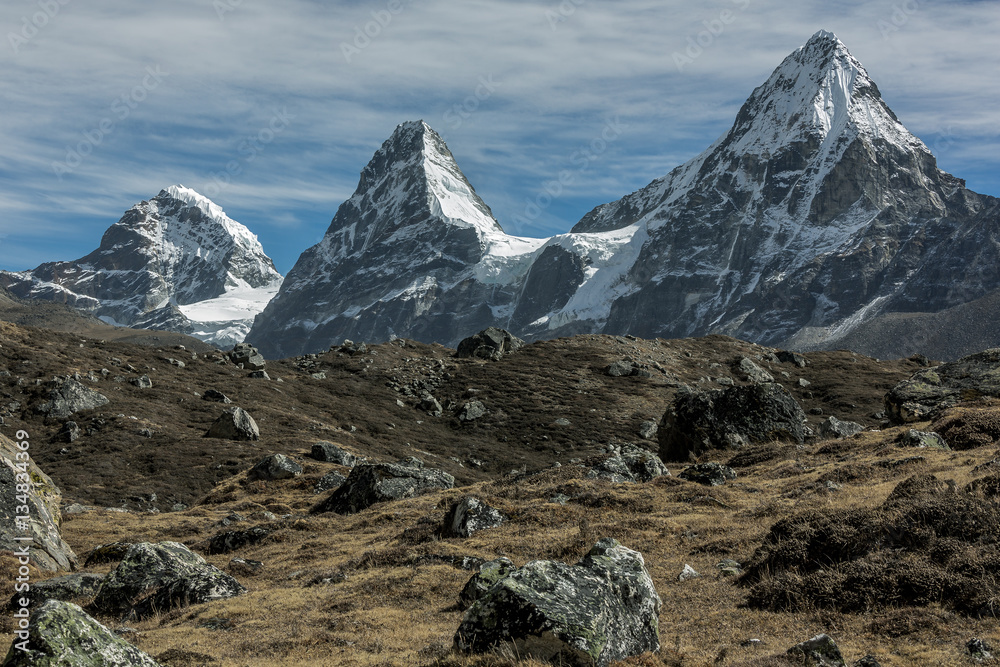 Nirekha (6169 m), Kangchung (6062 m), and Chola (6069 m) in the area of Cho Oyu - Gokyo region, Nepal, Himalayas