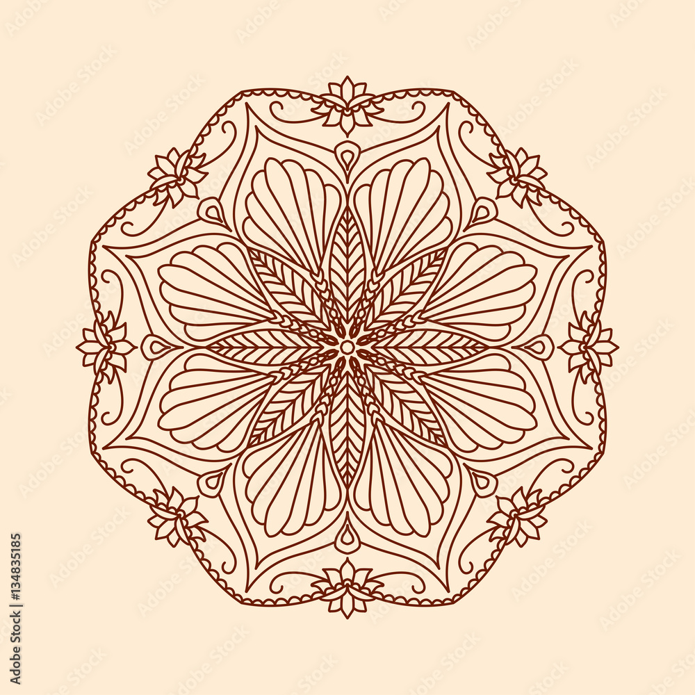 Round decorative floral mandala element on beige background