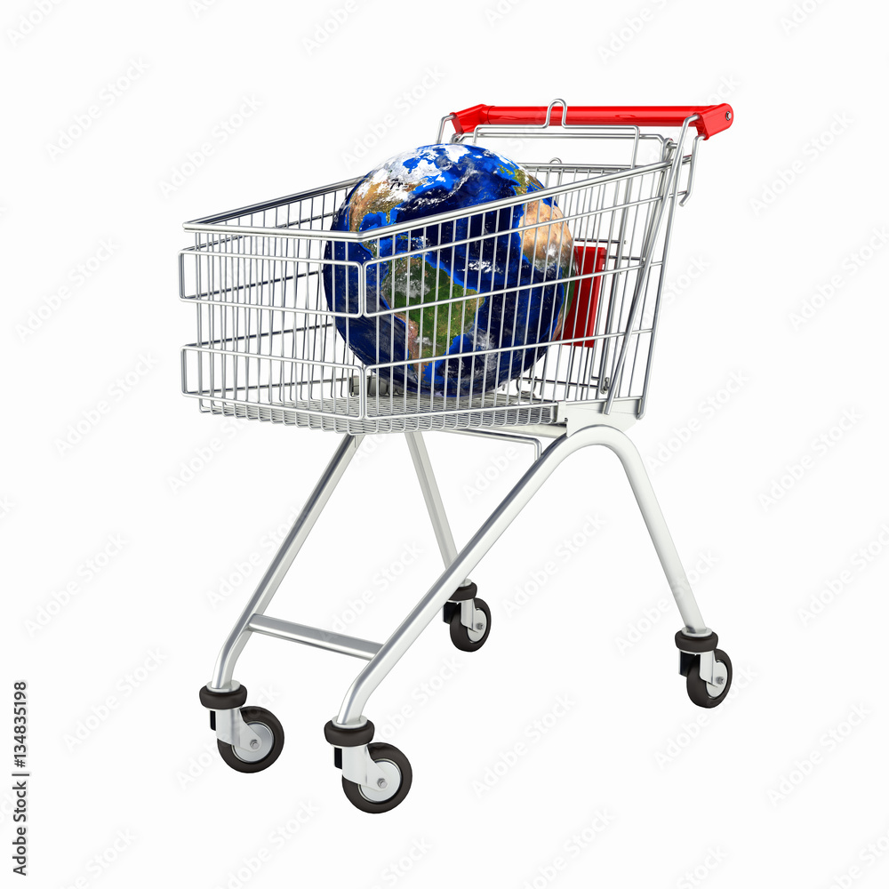 Shopping trolley globe concept supermarket shopping cart with gl