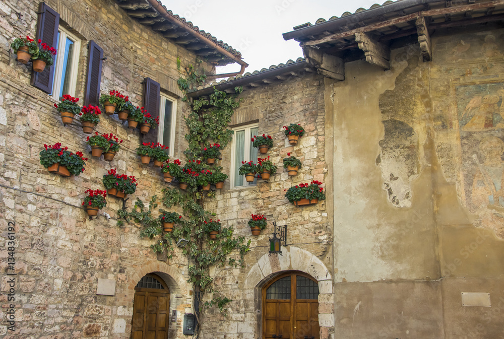 Medieval corner with flower and pots in a small town in Italy.