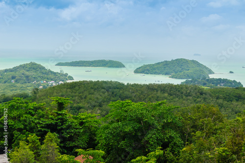 Beautiful view from Khao-Khad Views Tower, tourists can enjoy the 360-degree view such as Chalong bay, Panwa cape, Sire island, Bon island, tiny and large islands around Phuket including Phuket city.