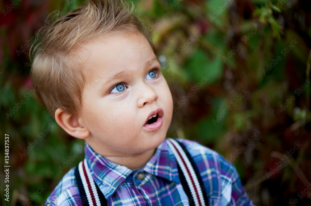 Portrait of cute little boy with big blue eyes and a stylish hairstyle, suspenders and a plaid shirt . Memories of childhood and carefree Portrait of cute little boy with big blue eyes and a stylish hairstyle, suspenders and a plaid shirt . Memories of childhood and carefree