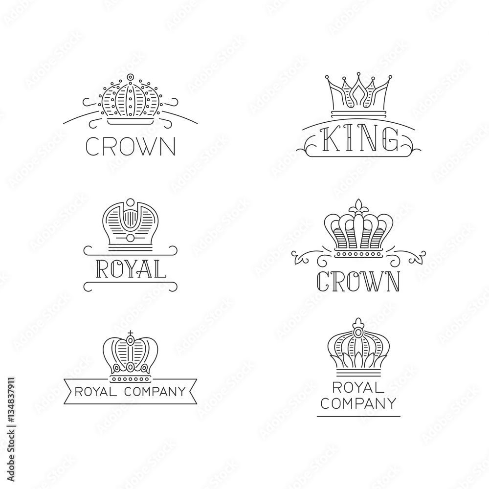 Crown logo set. Lux signs in trendy outline style. Vector illustration for hotel, restaurant, boutique, invitation, jewellery, etc.