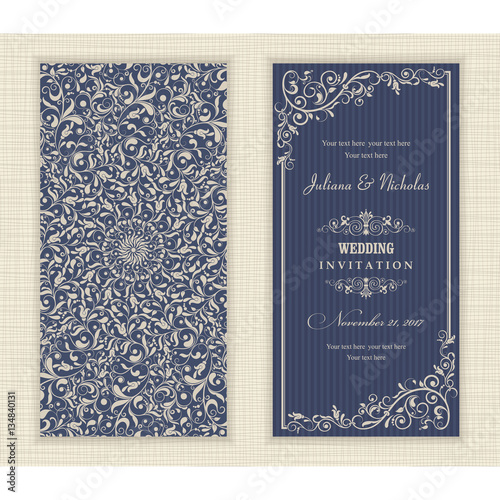 Set of vintage Wedding Invitation card with Mandala pattern. The front and rear side. Beautiful Victorian ornament. Frame with floral elements. Vector illustration.