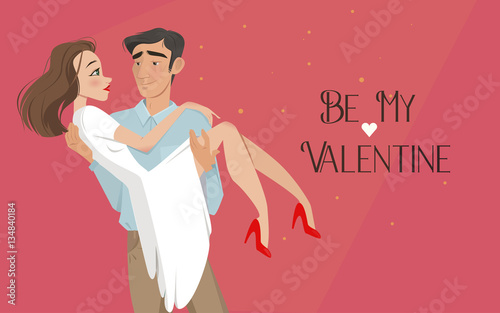 Man holds girl in his arms. Lovers. Valentine's Day. Cartoon style. Boy and girl. Date. A declaration of love. offer to go get married. romance. feelings, a pair of lovers