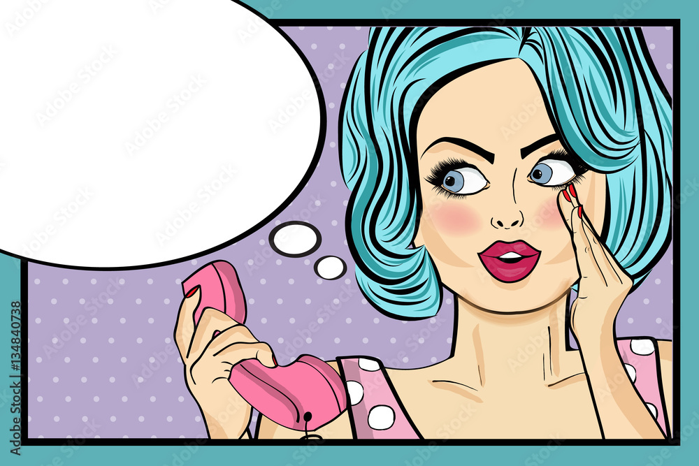Surprised pop art woman with retro phone, who tells her secrets. Surprised pop art woman with retro phone, who tells her secrets.