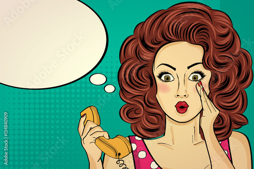 Surprised pop art woman with retro phone  who tells her secrets.