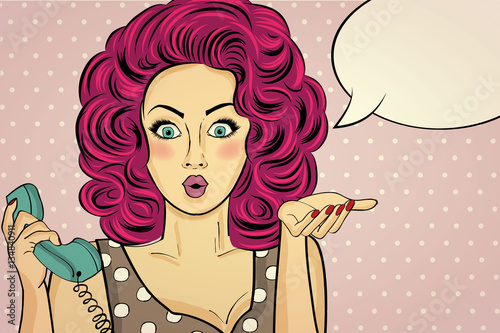 Surprised pop art woman with retro phone, who tells her secrets.